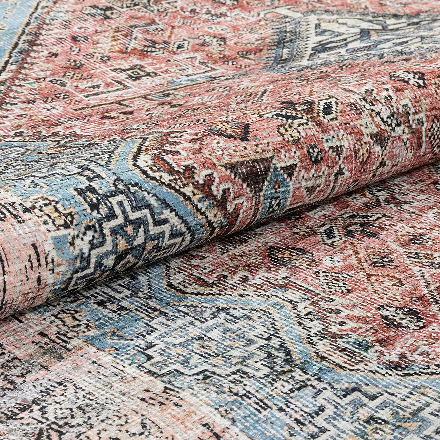 Light Blue Machine Washable Distressed Vintage Soft Area Rug