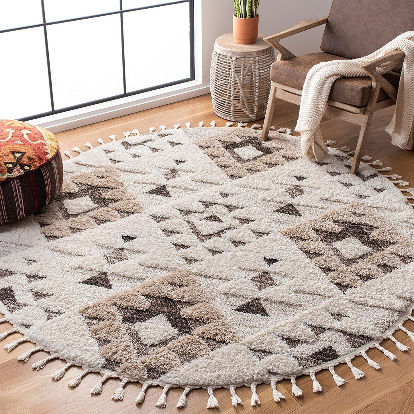 Moroccan Tassel Shag Collection Boho Soft Area Rug Ivory / Brown