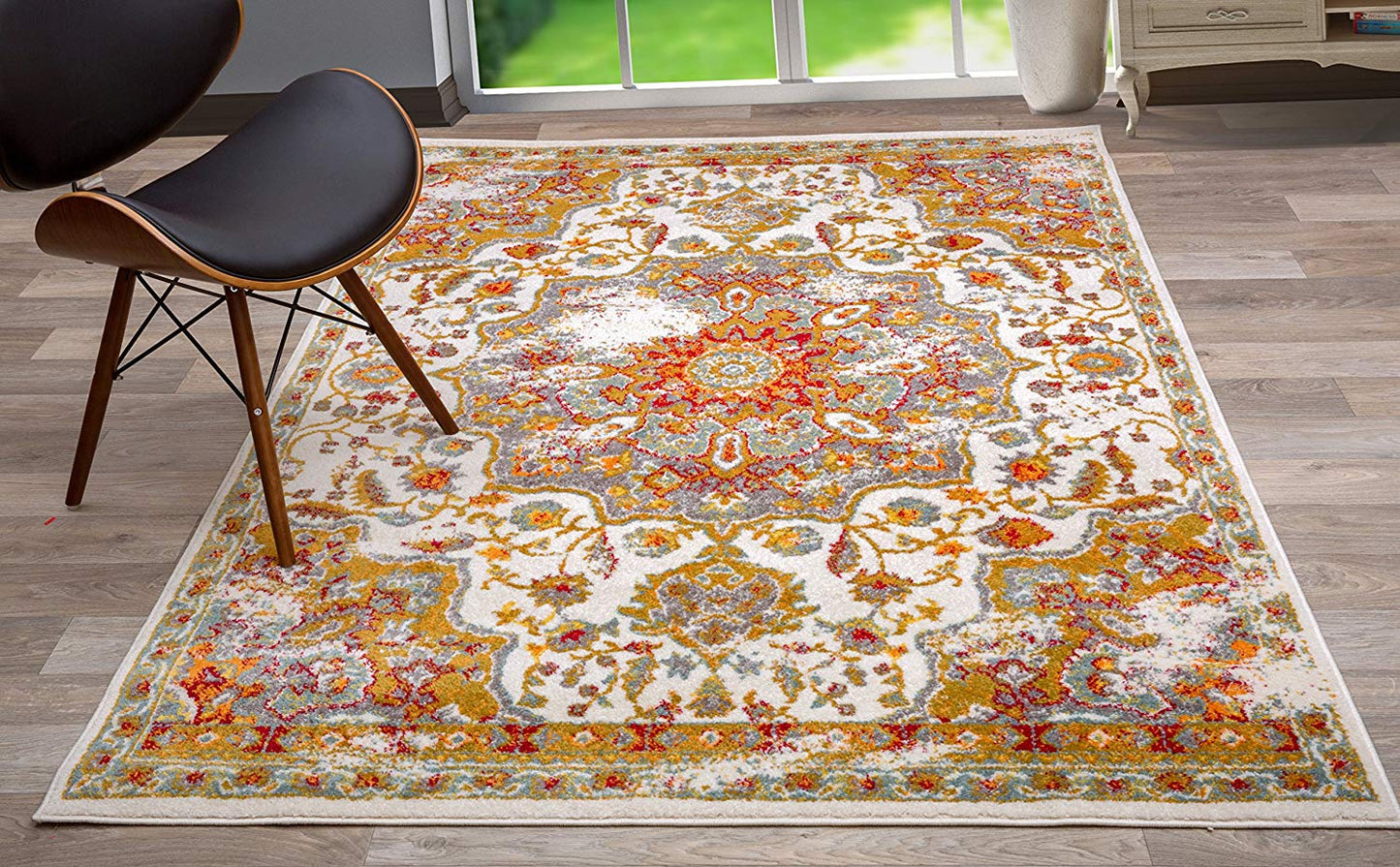 Traditional Distressed Cream Multi-color Area Rug