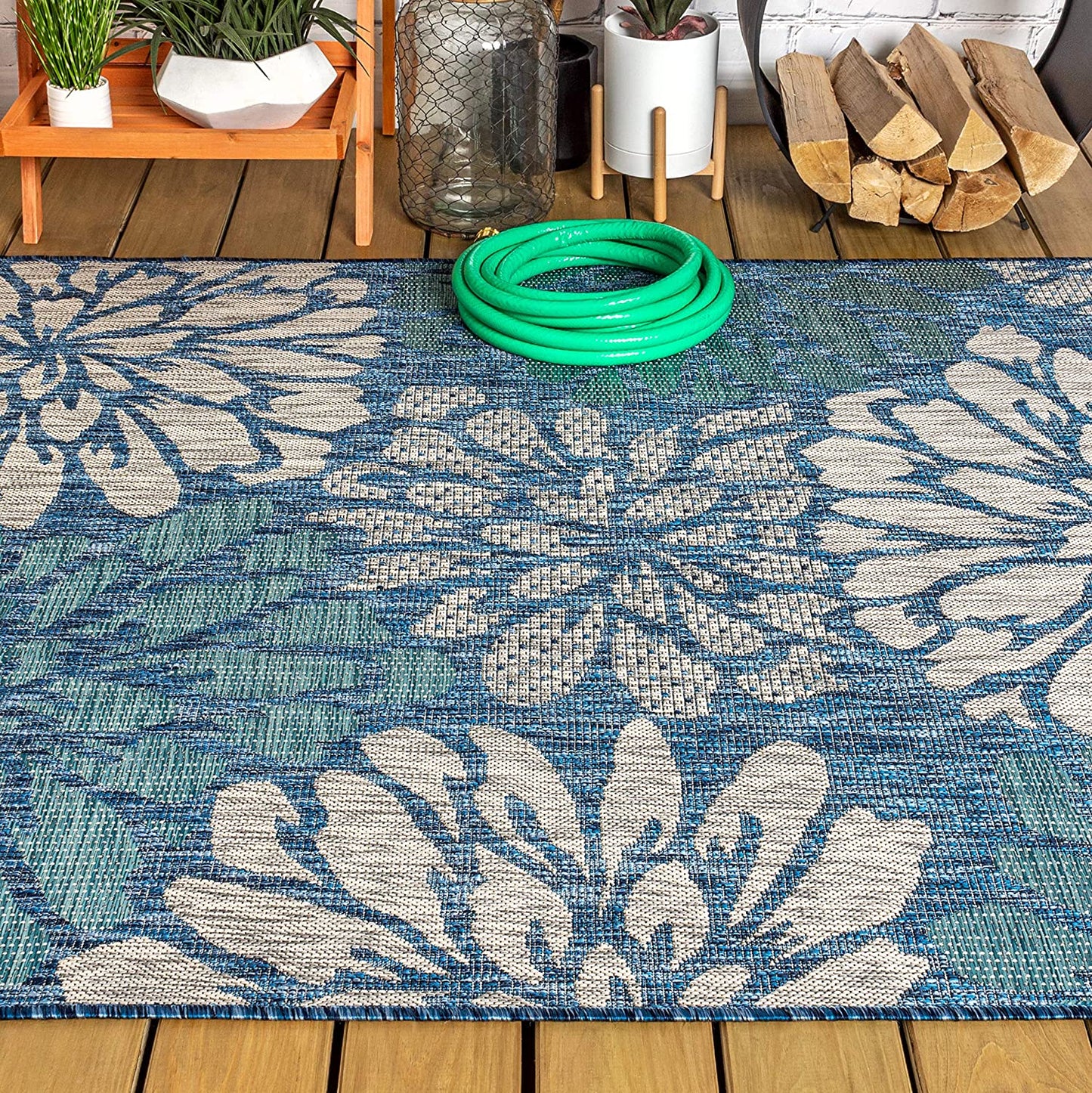 Zinnia Modern Floral Textured Weave Indoor/Outdoor Area Rug Navy/Aqua