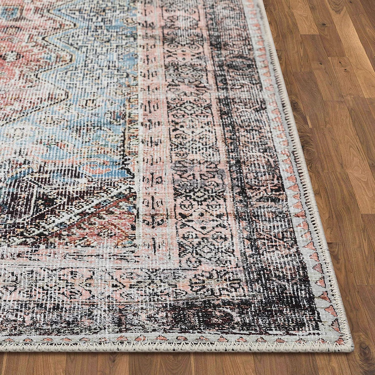 Light Blue Machine Washable Distressed Vintage Soft Area Rug