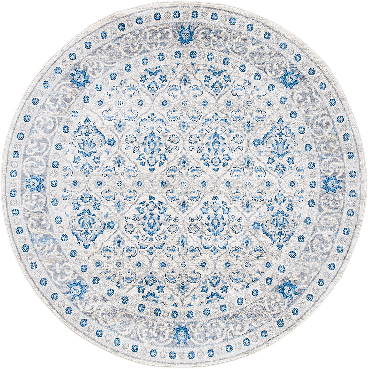 Oriental Damask Trellis Area Rug, Ivory Blue