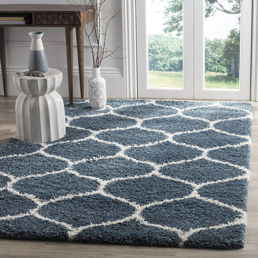 Moroccan Pattern Slate Blue Ivory Plush Shag Area Rug