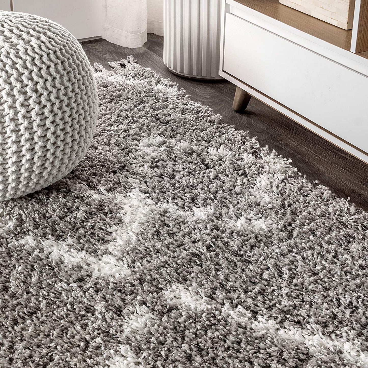 Mercer Plush Tassel Moroccan Tribal Geometric Trellis Grey/Cream Shag Area Rug