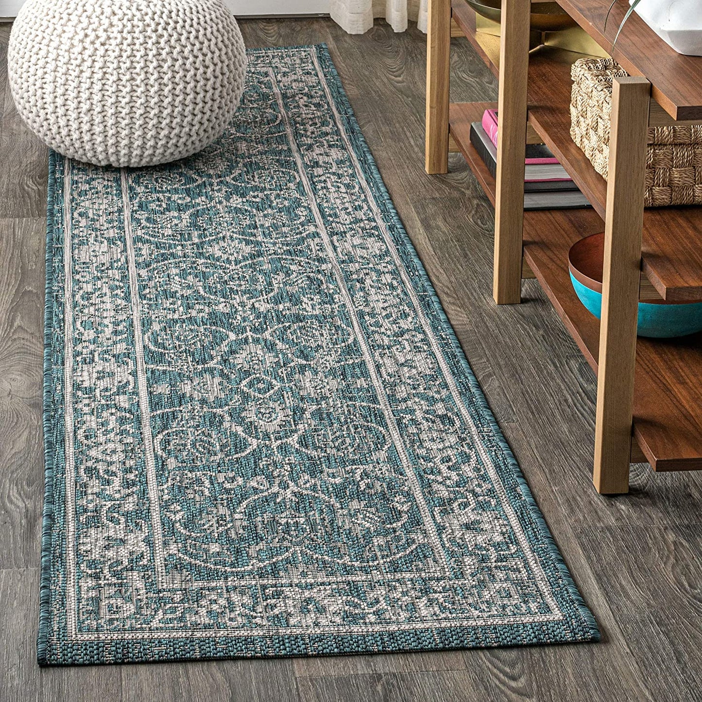Palazzo Vine and Border Textured Weave Indoor/Outdoor Teal/Gray