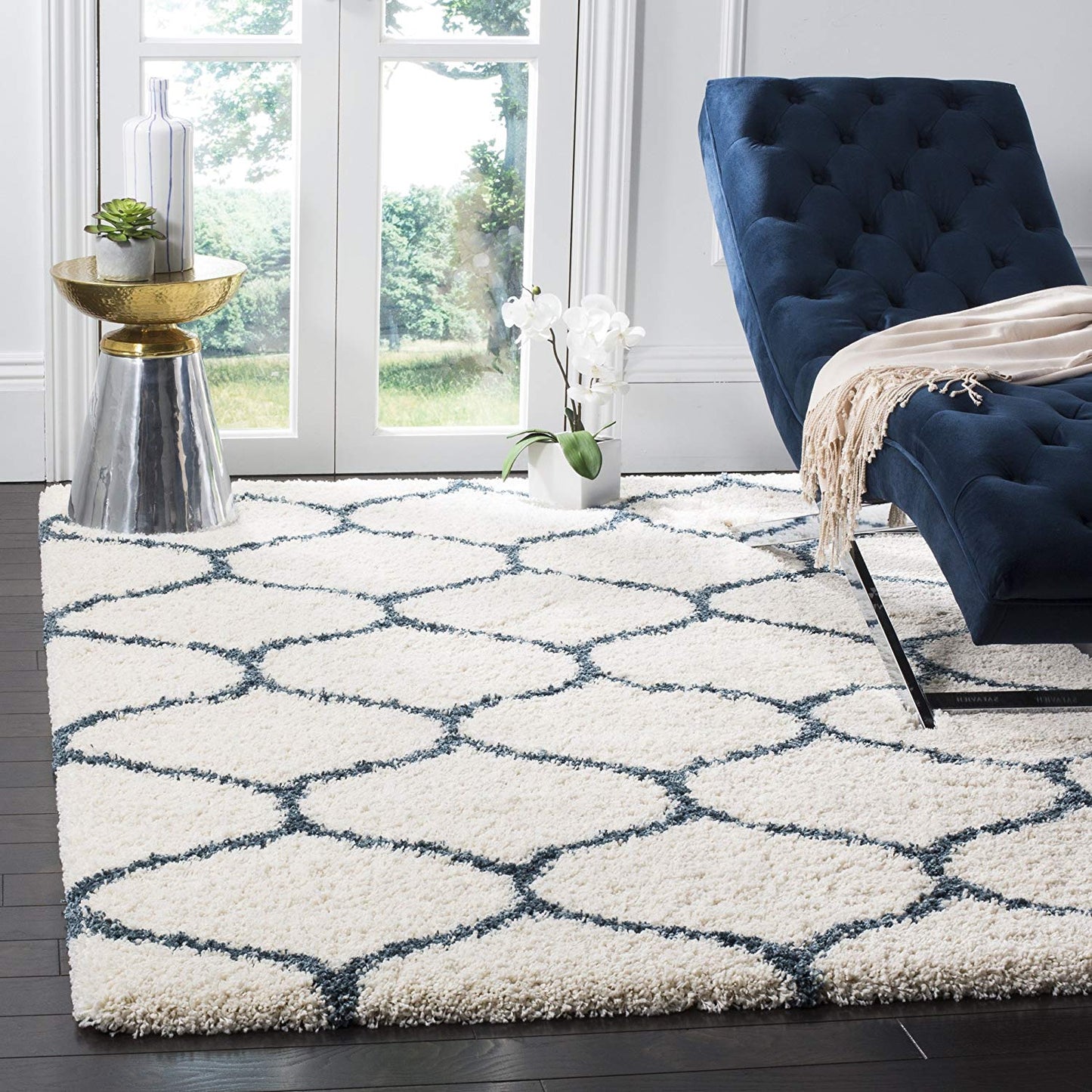 Moroccan Pattern Ivory Slate Blue Plush Area Rug