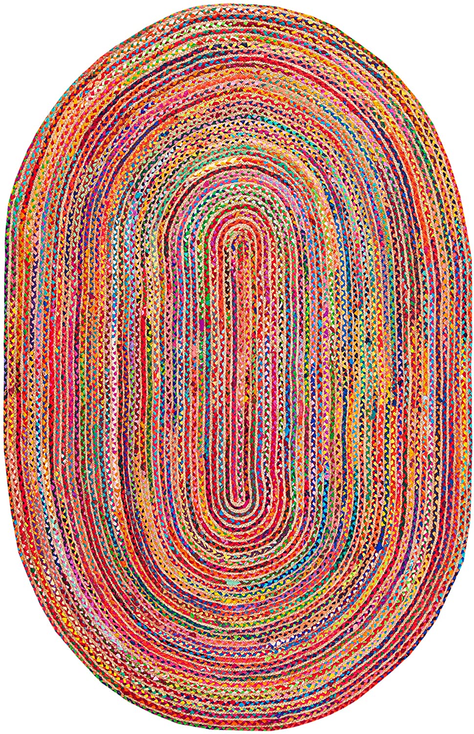 Handmade Boho Braided Jute & Cotton Area Rug, Red / Multi