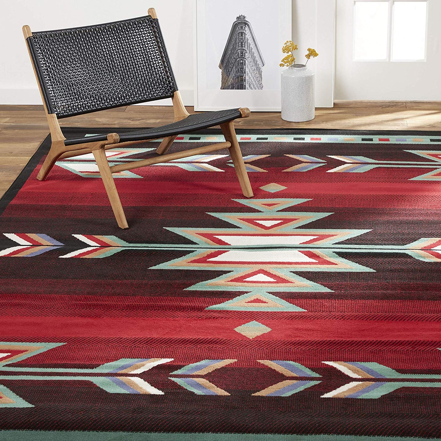 Southwest Black Red Ivory Low Pile Area Rugs