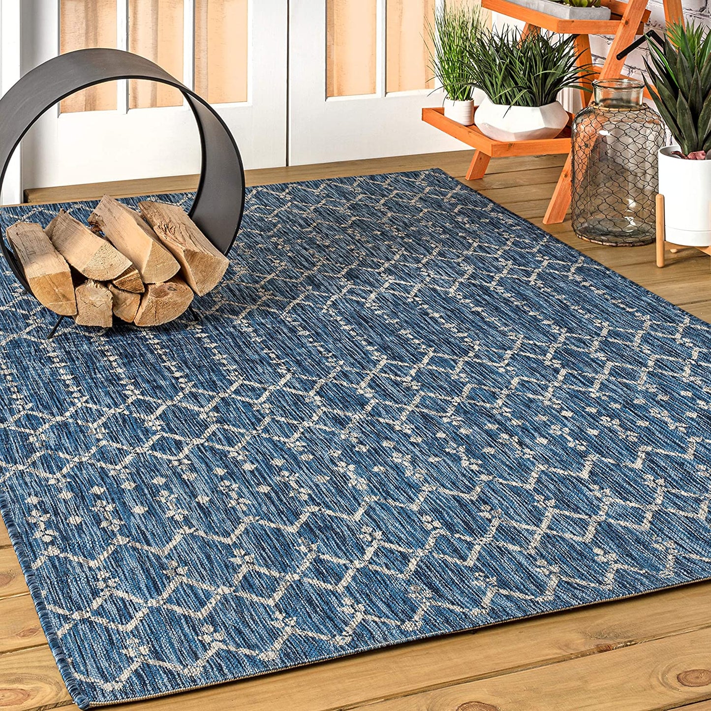 Moroccan Geometric Textured Weave Indoor/Outdoor Navy/ Gray Area Rug