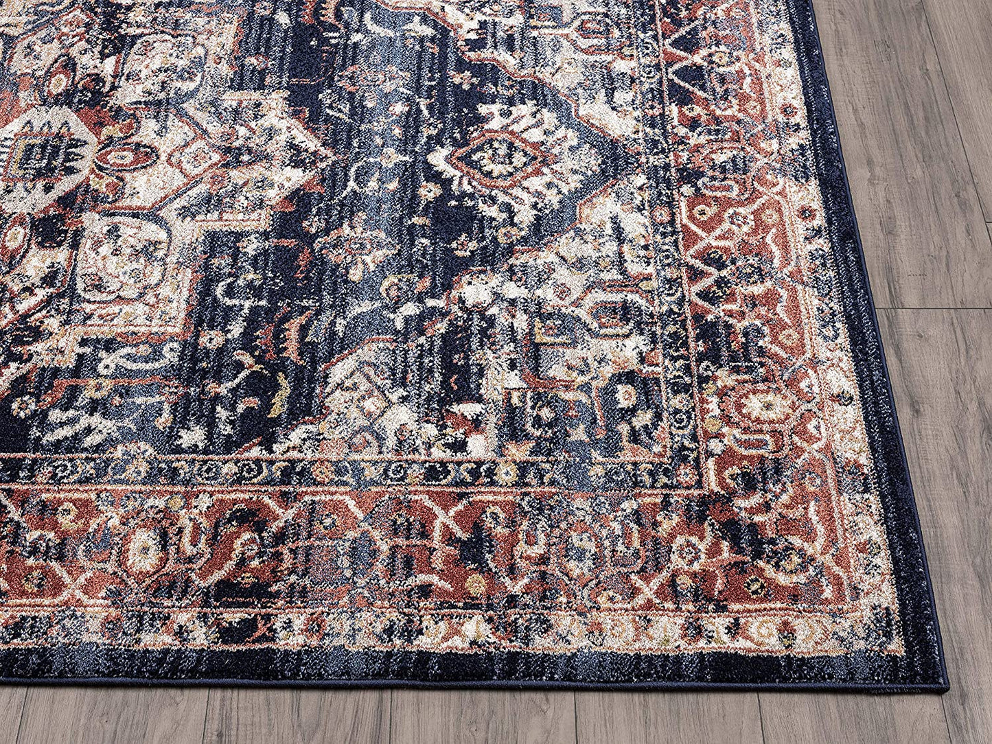 Navy & Beige Vintage Turkish Oriental Medallion Distressed Rug