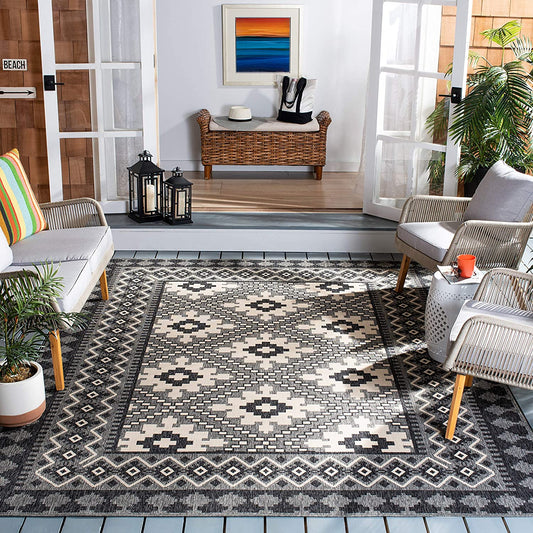 Boho Indoor/ Outdoor Patio Backyard Area Rug,  Ivory / Charcoal