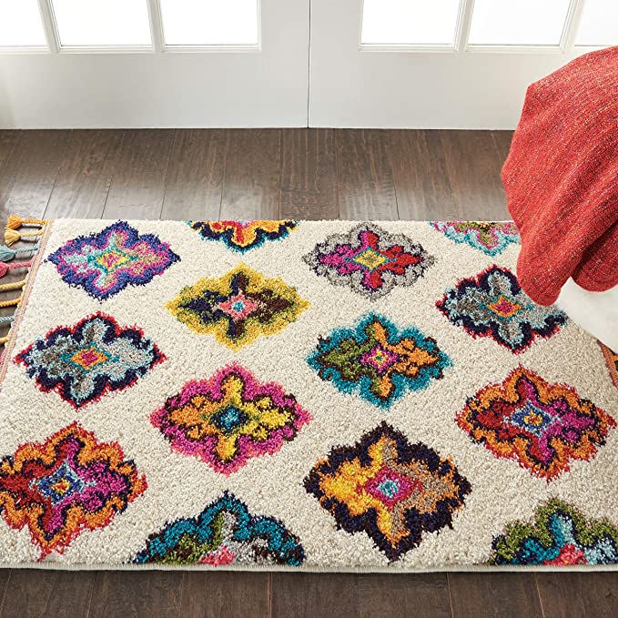 Moroccan Casbah Plush Ivory/Multicolor Shag Area Rug
