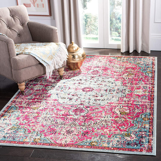 Boho Chic Vintage Medallion Distressed Runner,  Fuchsia/Teal