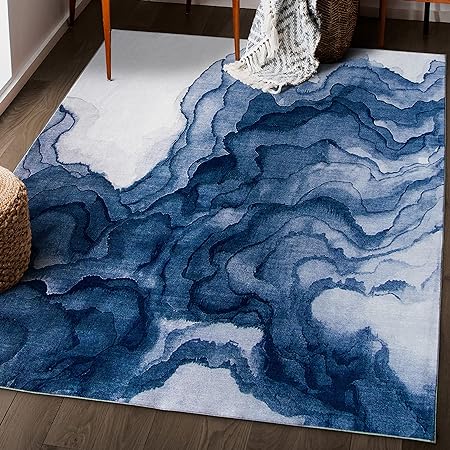 Non-Shed - Eco-Friendly, Machine Washable Rug - Stain Resistant, Made from Premium Recycled Fibers - Abstract Contemporary - Blue, 2'6" x 6'