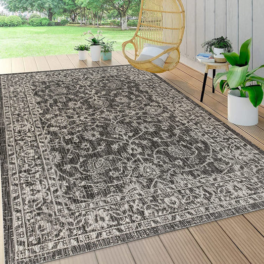 Palazzo Vine Border Textured Weave Indoor /Outdoor Area Rugs Black/Gray