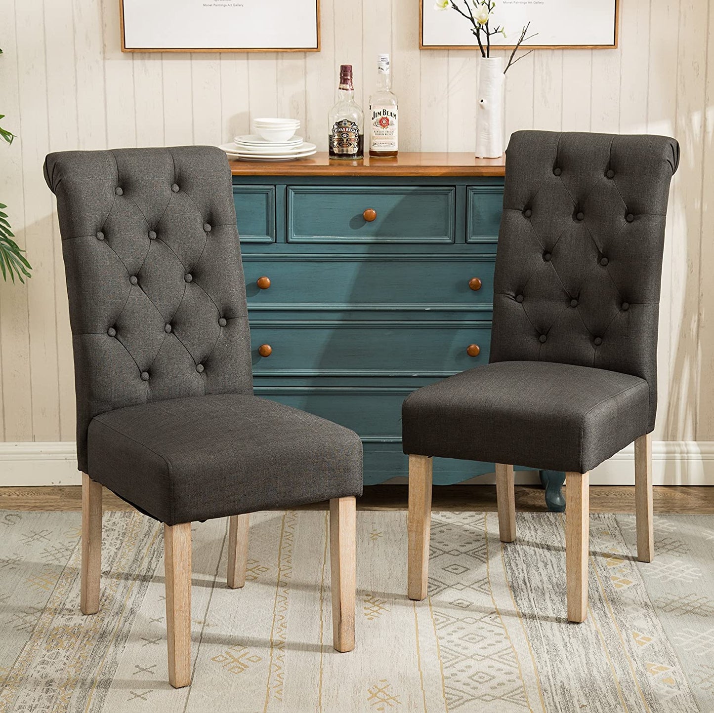 Furniture Habit Grey Solid Wood Tufted Parsons Dining Chair (Set of 2), Gray