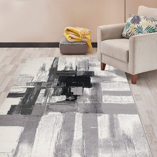 Abstract Black Gray Ivory Area Rug