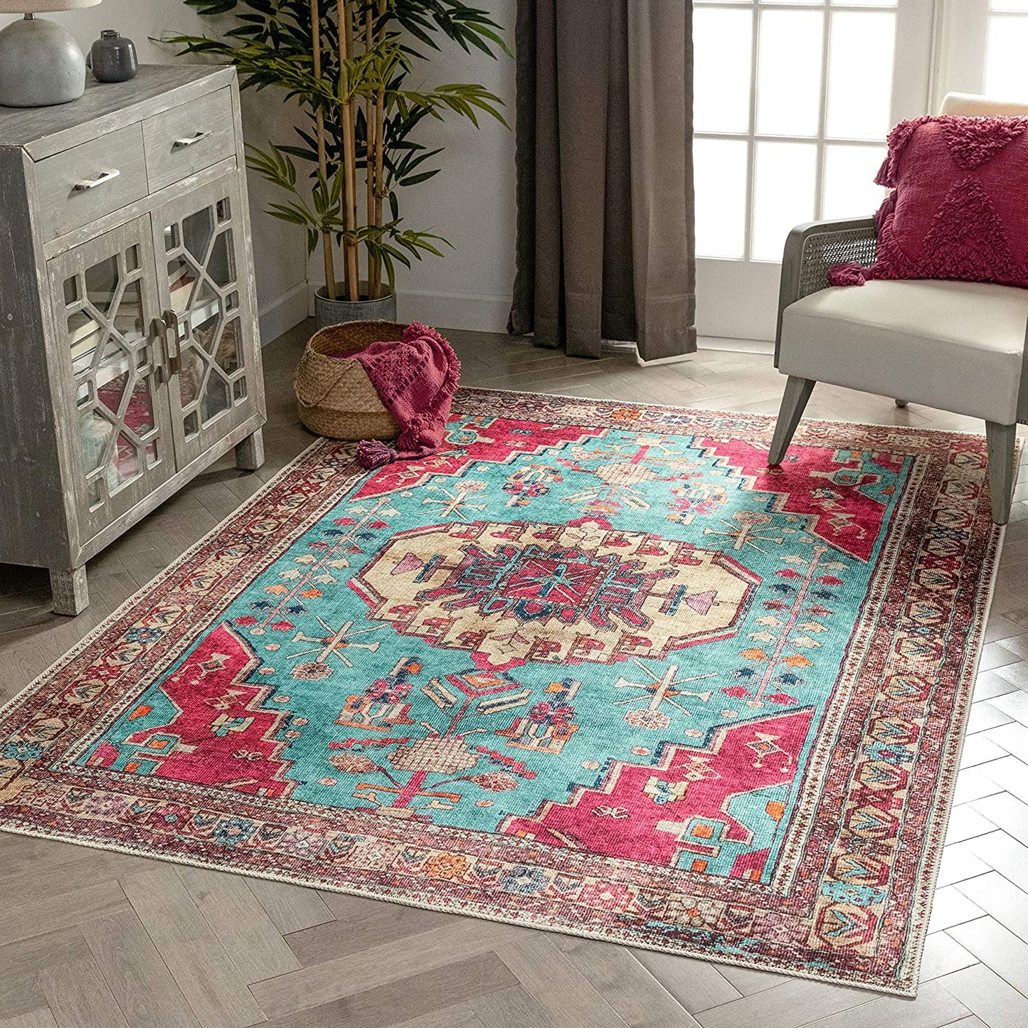 Shasta Blue Fuchsia Machine Washable Vintage Distressed Persian Area Rug