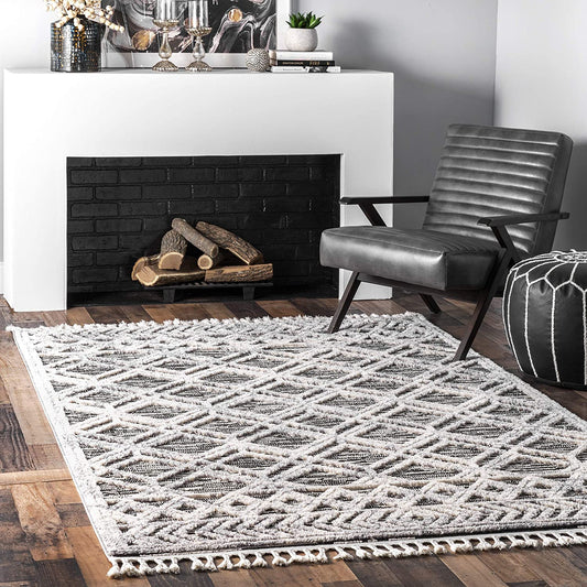 Ansley Soft Lattice Textured Tassel Runner Rug Grey