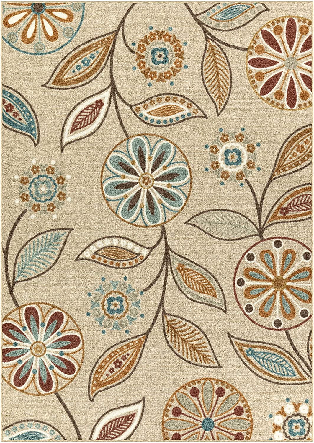 Maples Floral Non Skid Washable Beige Multi Area Rug
