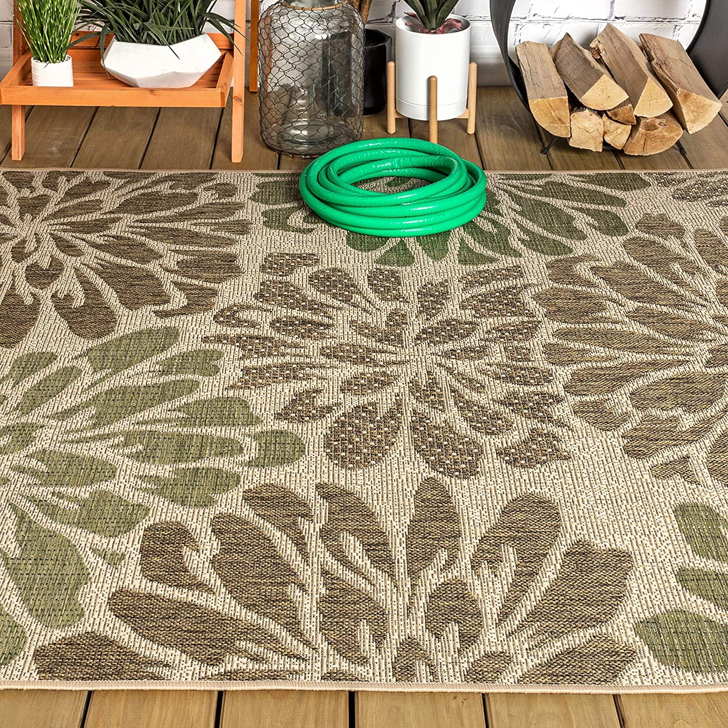 Floral Indoor Outdoor Area Rug, Sage/Brown