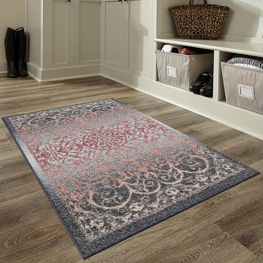 Maples Rugs Pelham Vintage Kitchen Rugs Non Skid Grey/Coral