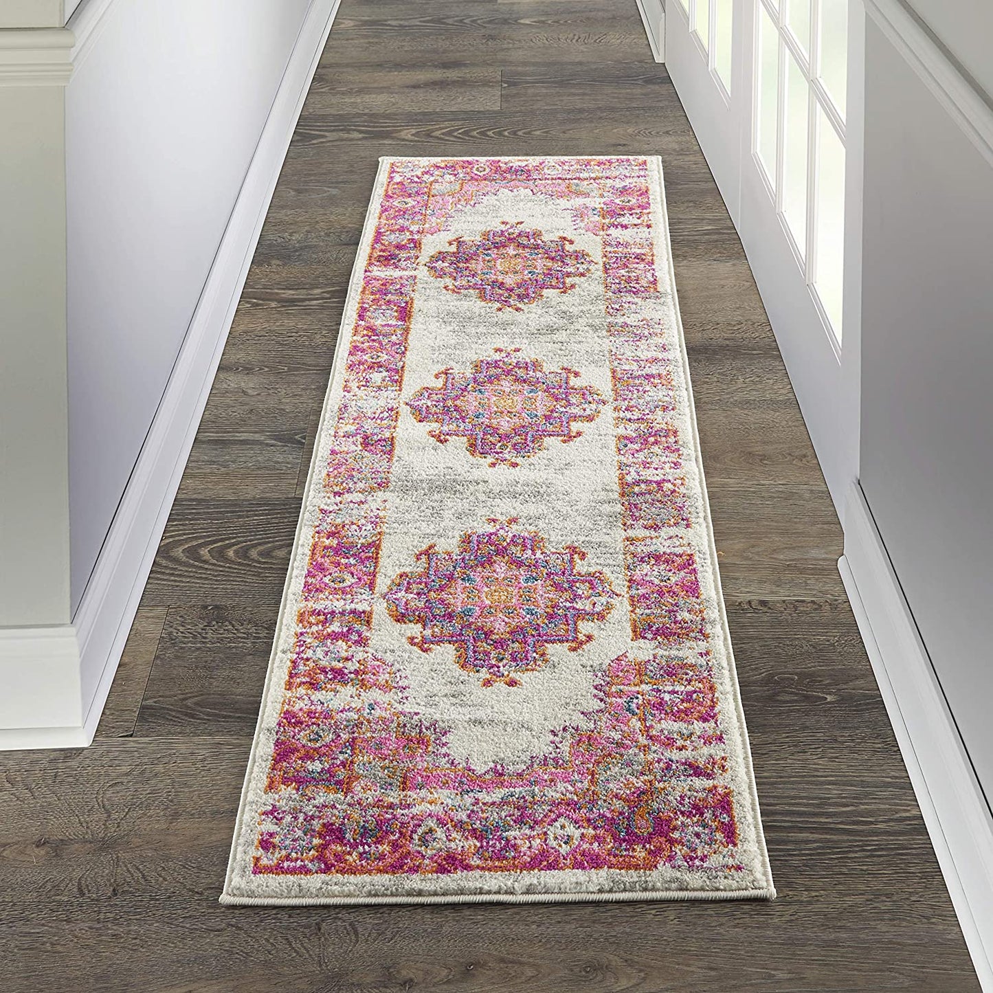 Pink and White Vintage Area Rug, IVORY/FUSHIA