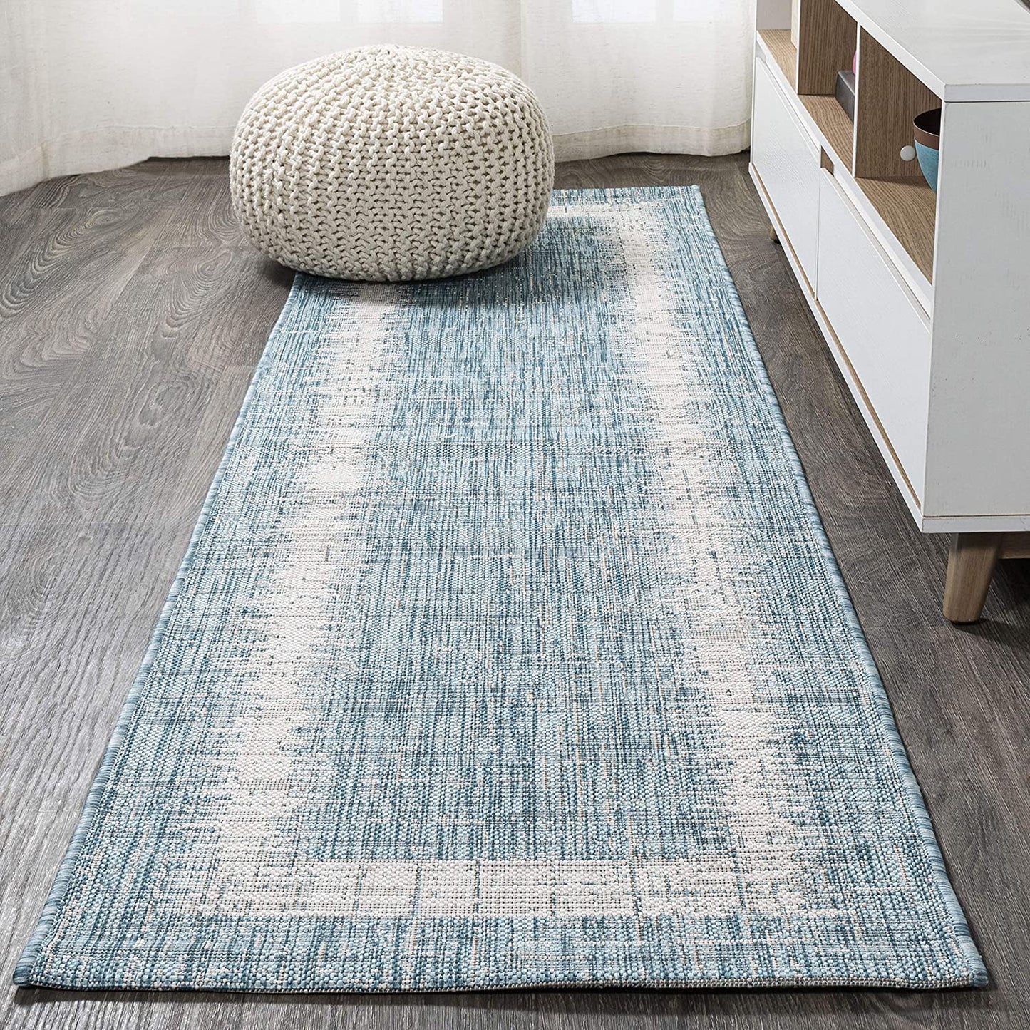 Scandi Minimalist Indoor/Outdoor Border Aqua/Ivory Soft Area Rug