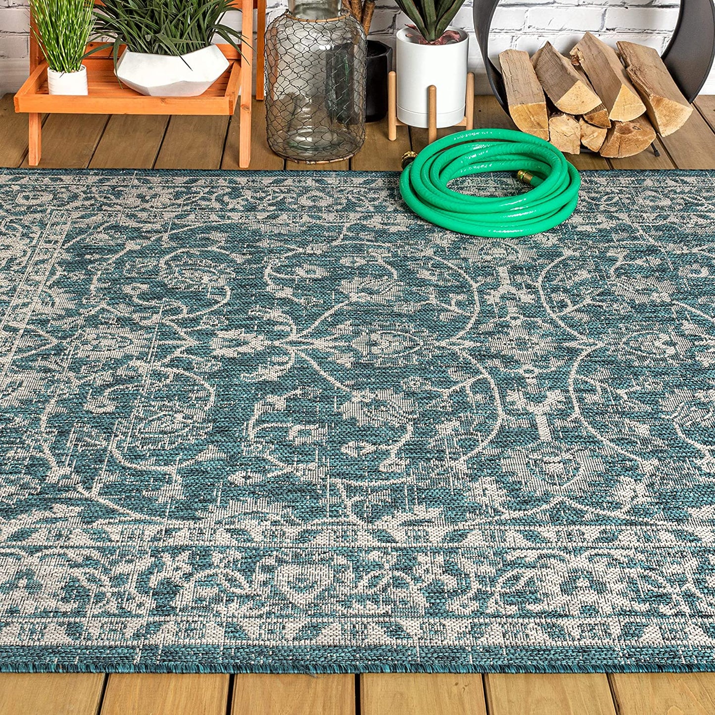 Palazzo Vine and Border Textured Weave Indoor/Outdoor Teal/Gray