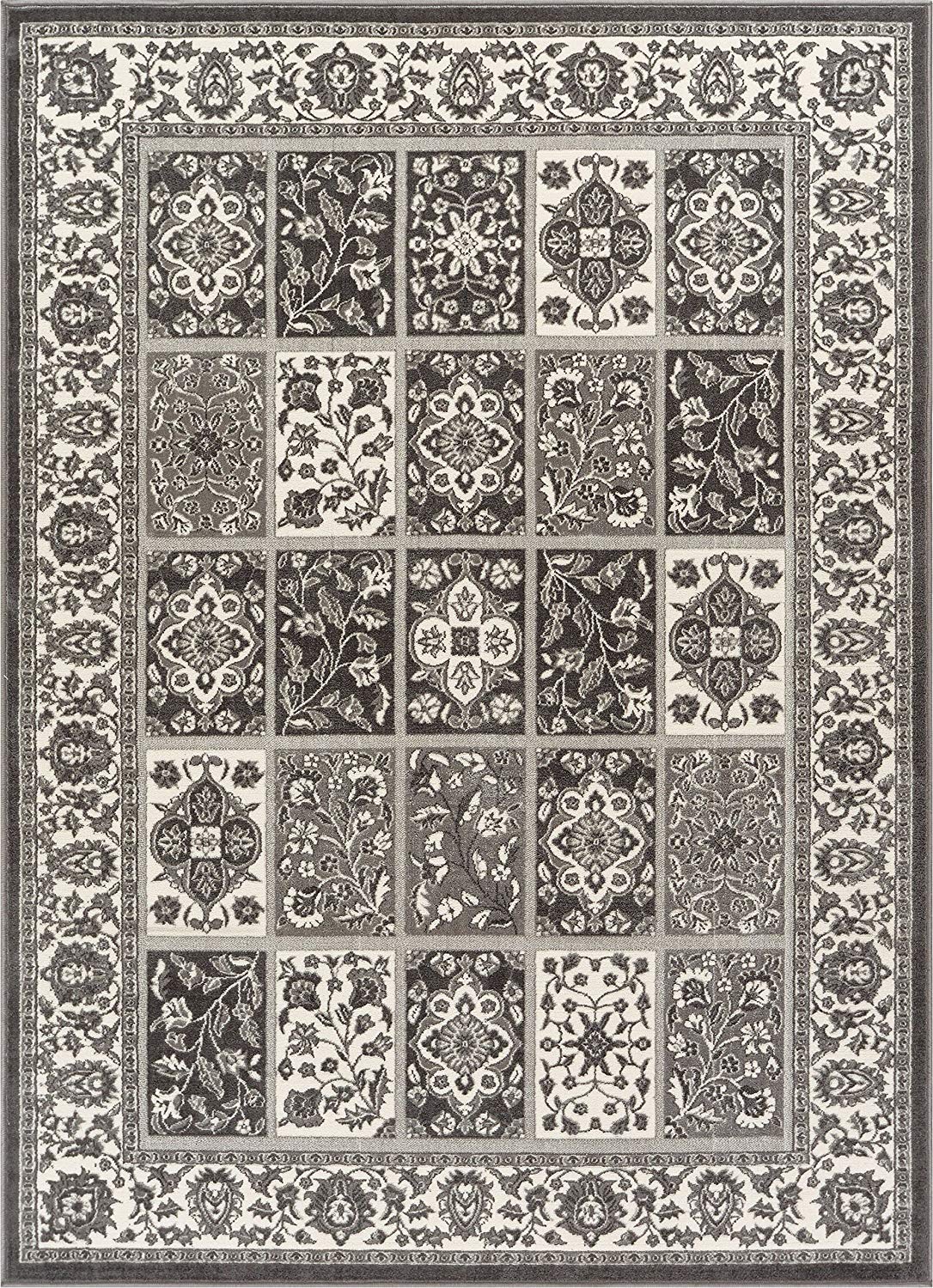 Modern Floral Panel Persian Design Grey Ivory Area Rug