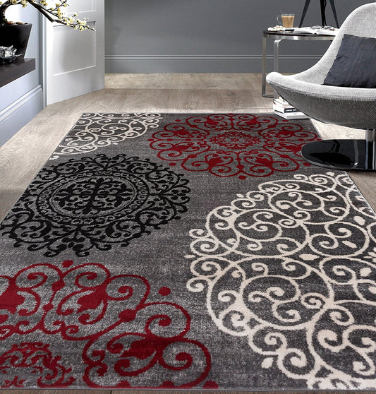Floral Gray White Red Area Rugs