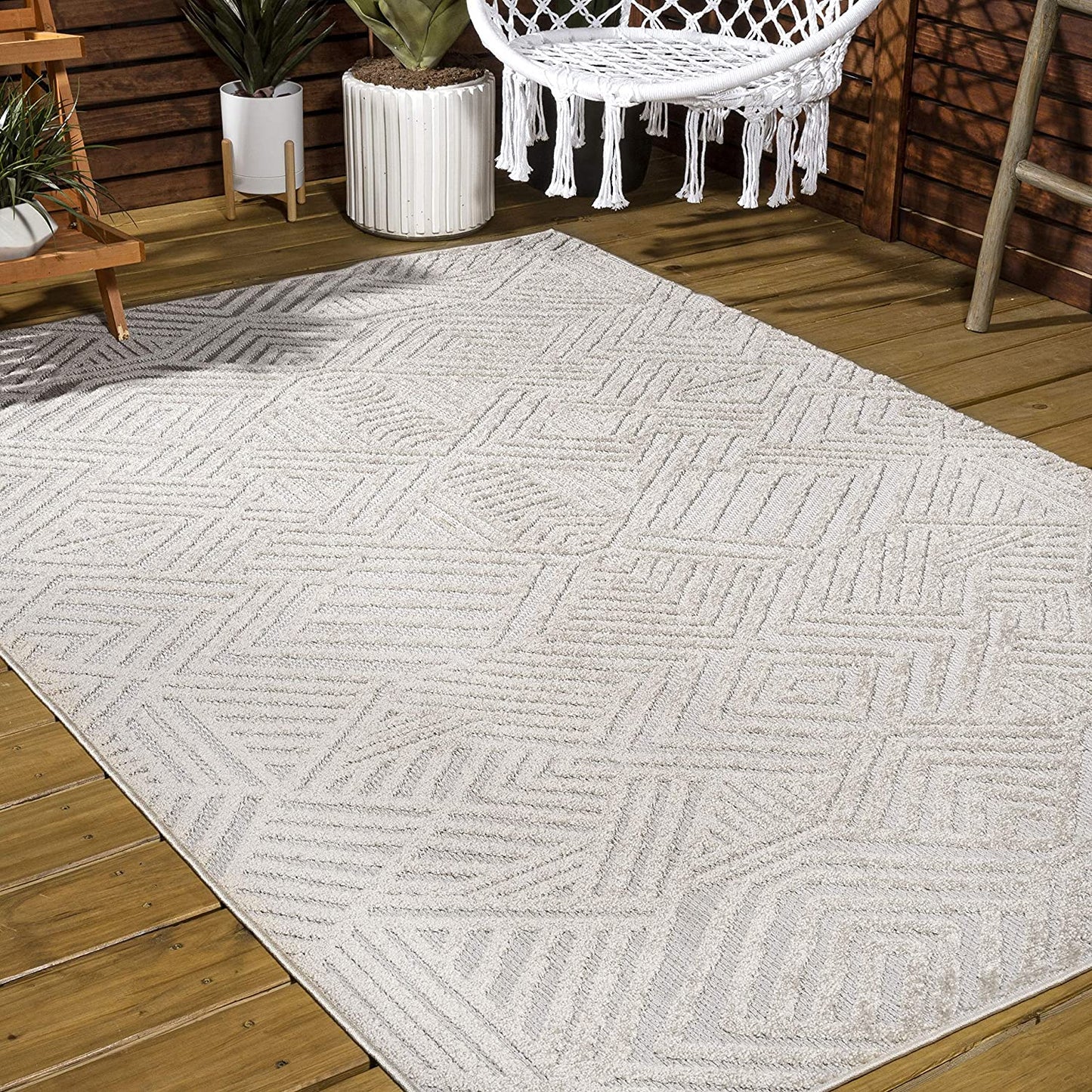 Art Deco Geometric Indoor/Outdoor Beige Area Rug