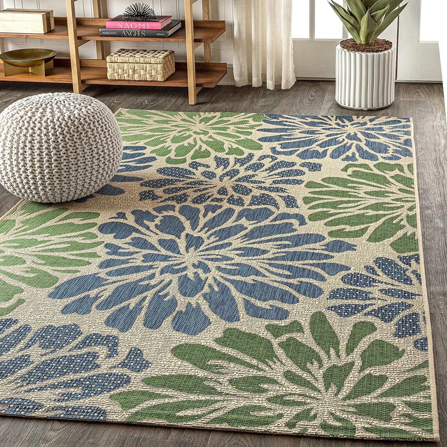 Zinnia Modern Floral Weave Indoor/Outdoor Area Rug Navy/Green