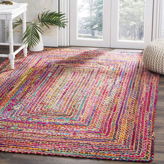 Handmade Boho Braided Jute & Cotton Area Rug, Red / Multi