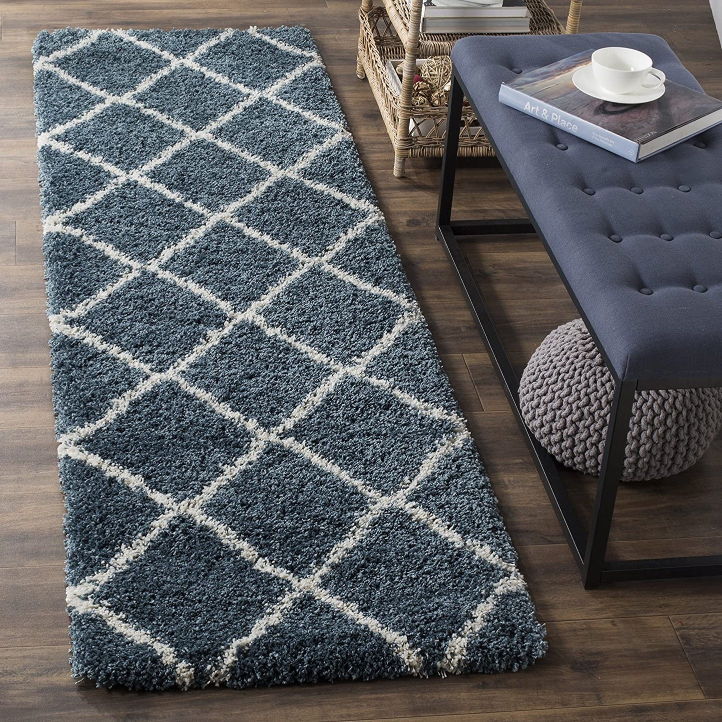 Diamond Trellis Slate Blue/Ivory Soft Plush Shag Area Rug 2-inch Thick