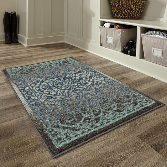 Maples Rugs Pelham Vintage Kitchen Rugs Non Skid Charcoal/Radiant Blue