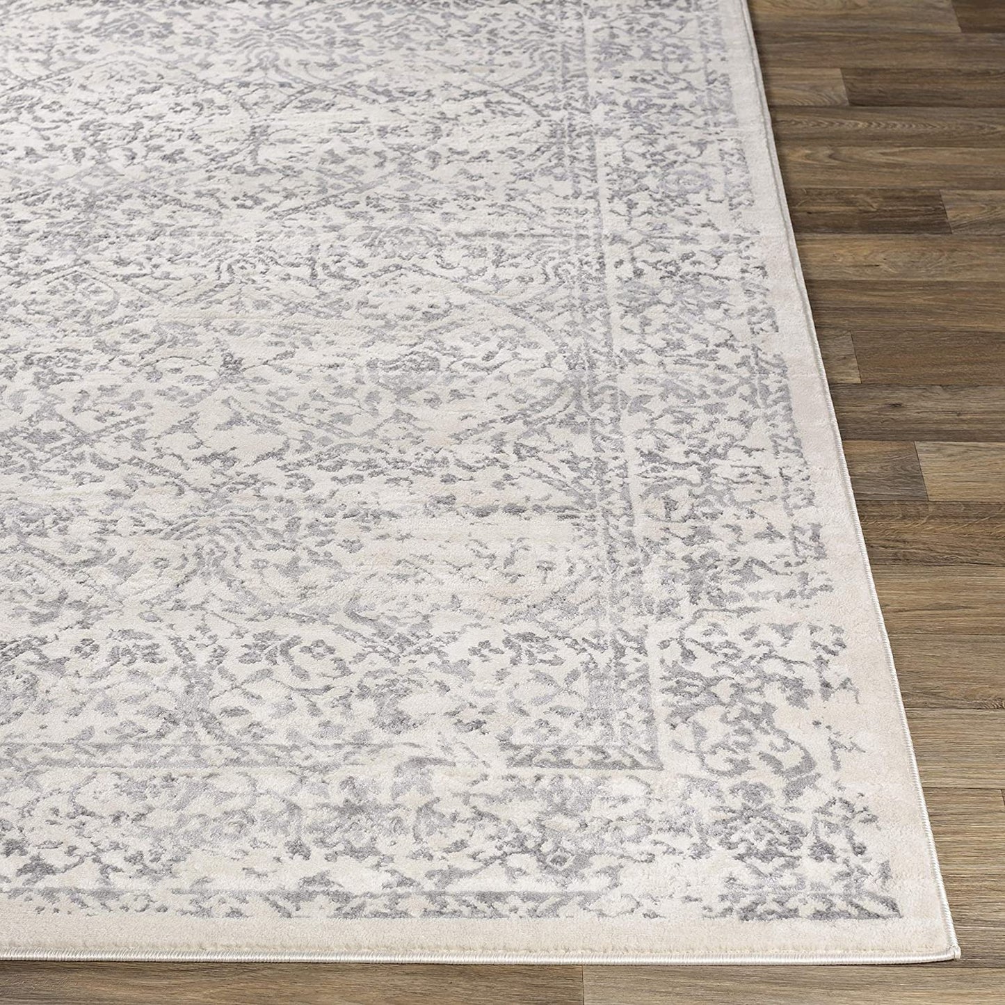 Preston Damask Floral Soft Area Rug, Ivory Grey