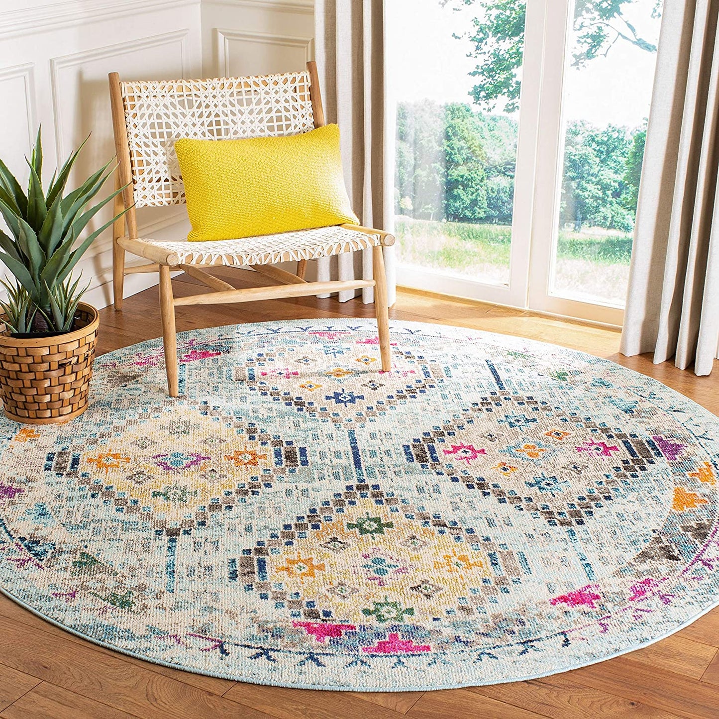Boho Diamond Distressed Area Rug, Blue/Yellow