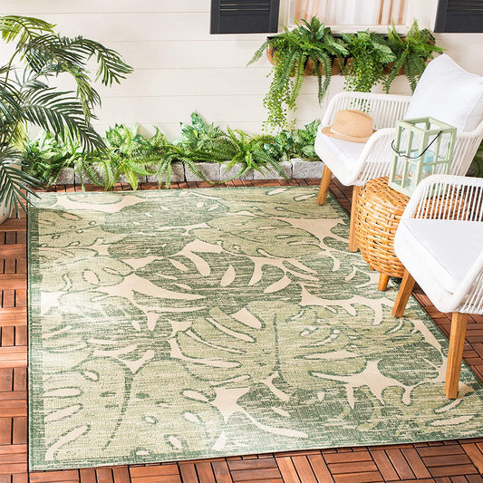 Courtyard Collection  Indoor/ Outdoor Non-Shedding Stain Resistant Patio Backyard Soft Area Rug Beige / Green