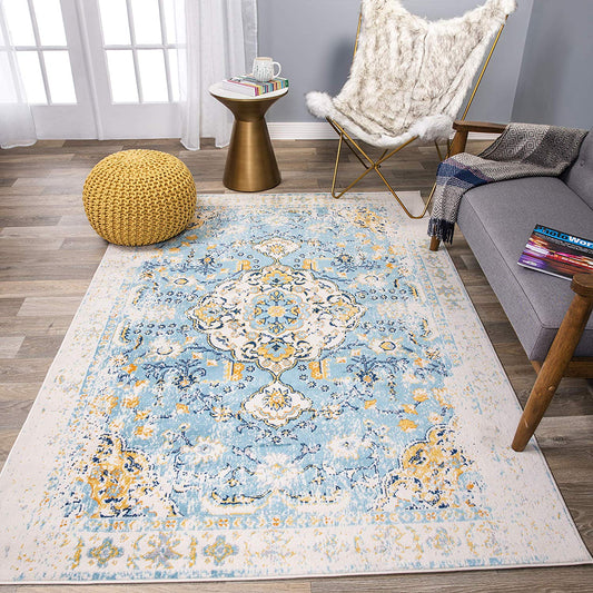 Vintage Medallion Floral Ivory Blue Soft Area Rug