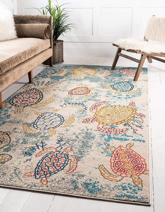 Coastal Modern Turtles Rug, Beige/Blue