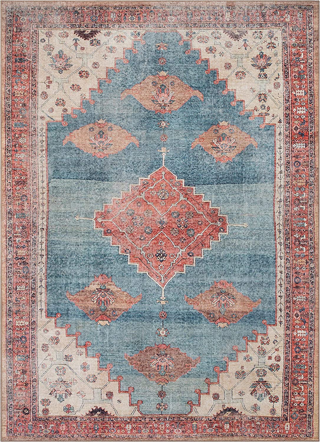 Towne Ivory Blue Vintage Distressed Tribal Medallion Area Rug