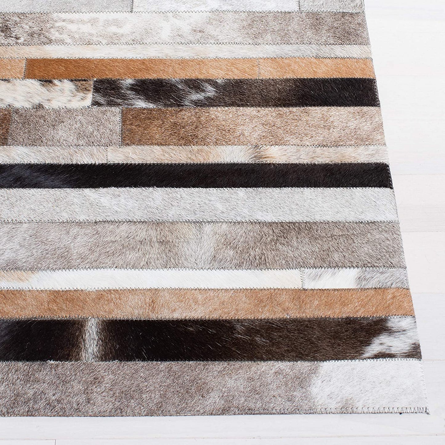 Leather Collection STL215A Handmade Modern Leather Area Rug Ivory / Brown