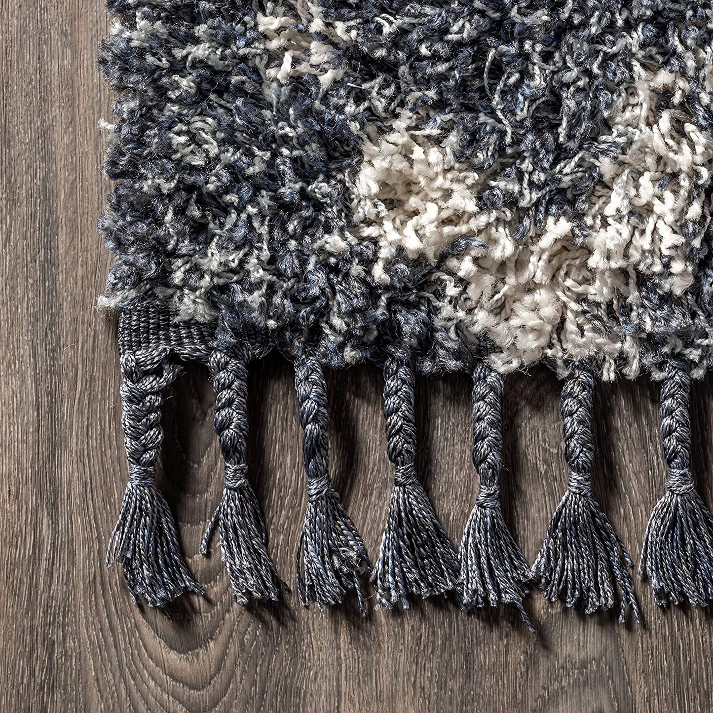 Mercer Plush Tassel Moroccan Tribal Geometric Trellis Denim Blue/Cream Shag Area Rug