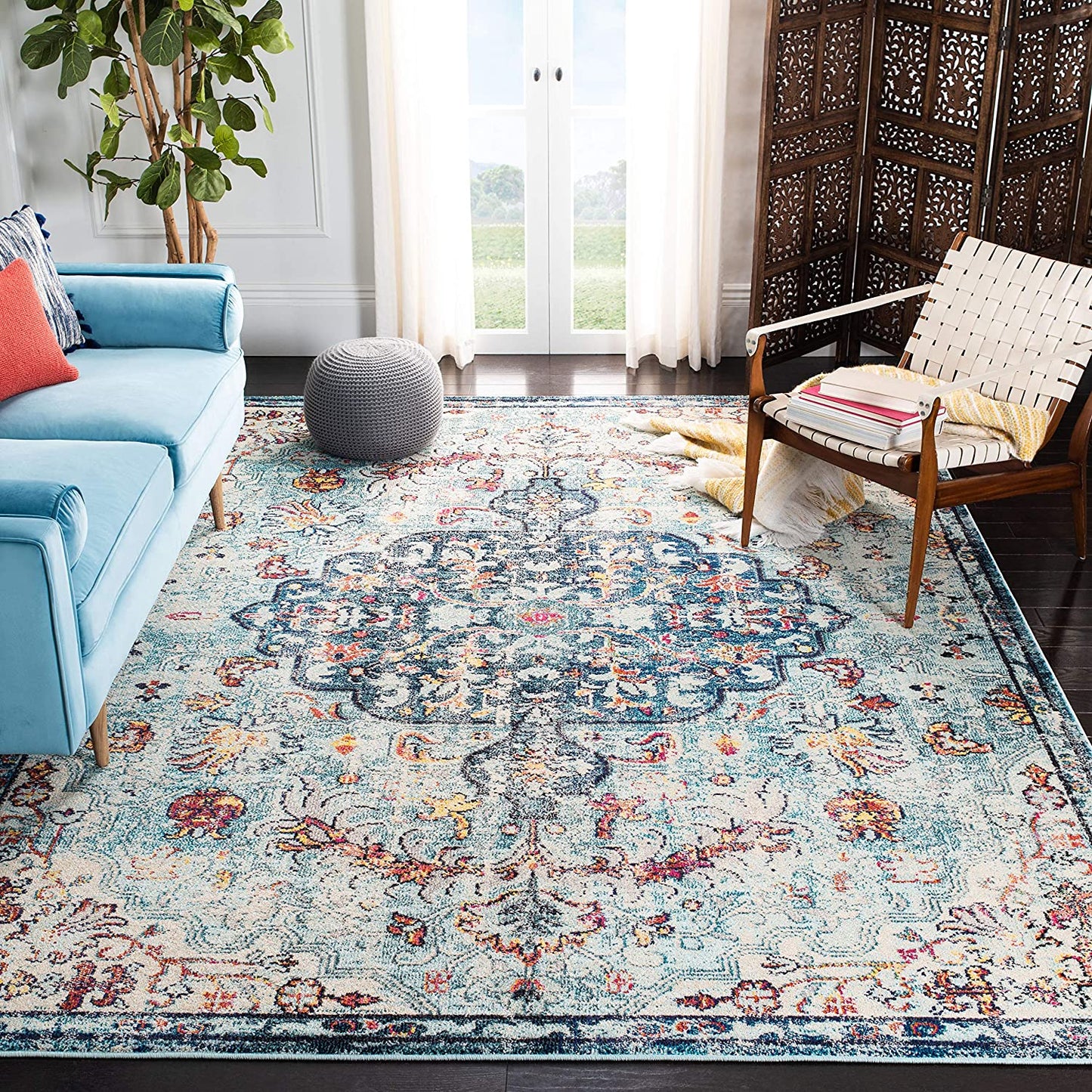 Boho Chic Vintage Medallion Distressed Runner,  Navy/Light Blue
