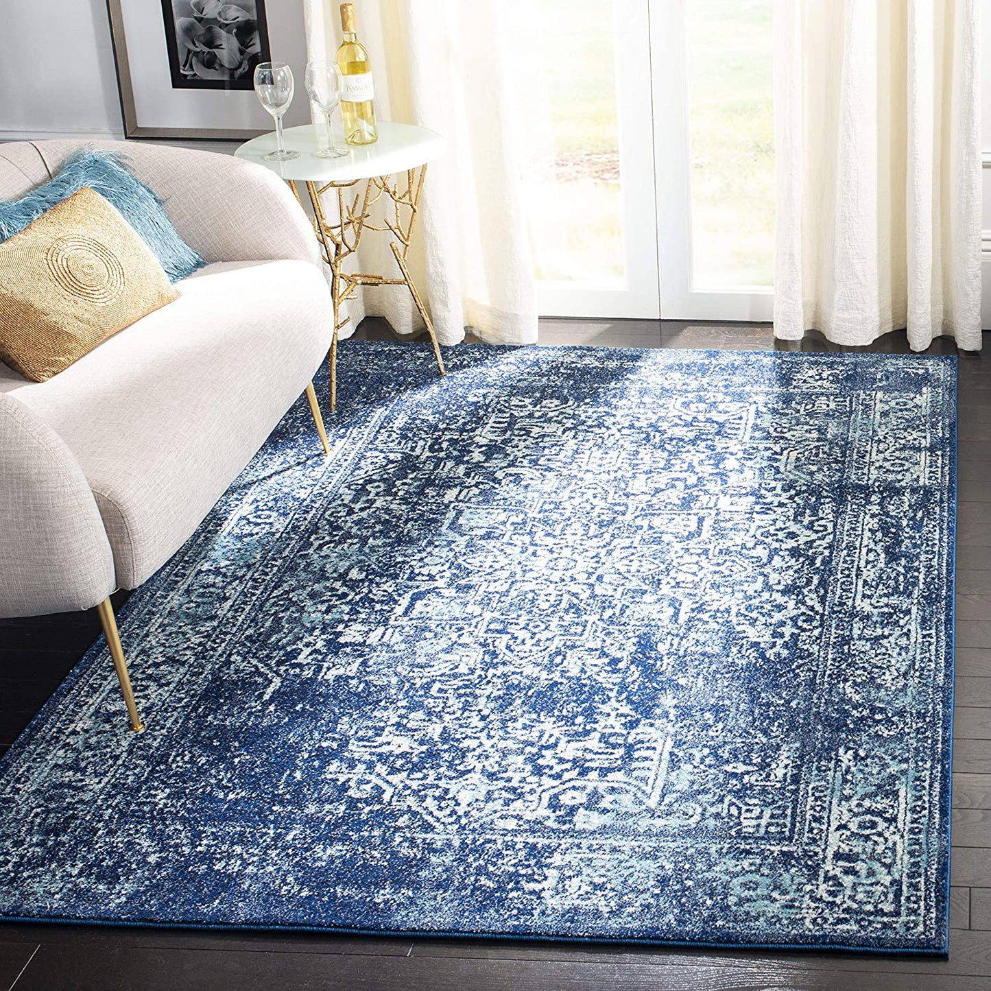 Vintage Distressed Navy and Ivory Area Rug