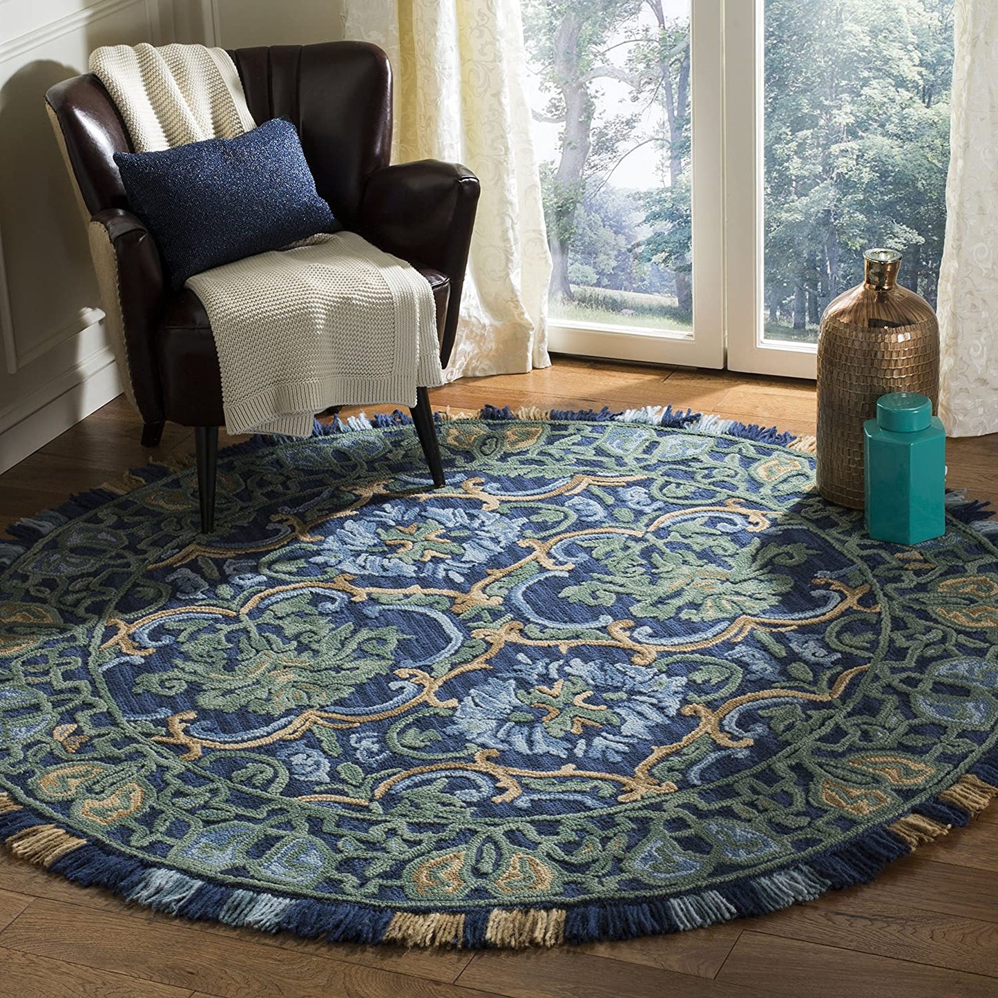 Handmade Fringe Premium Wool Area Rug, Navy / Green