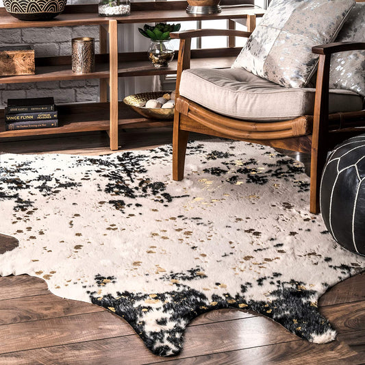 Faux Cowhide Shaped Soft Black Ivory Area Rug