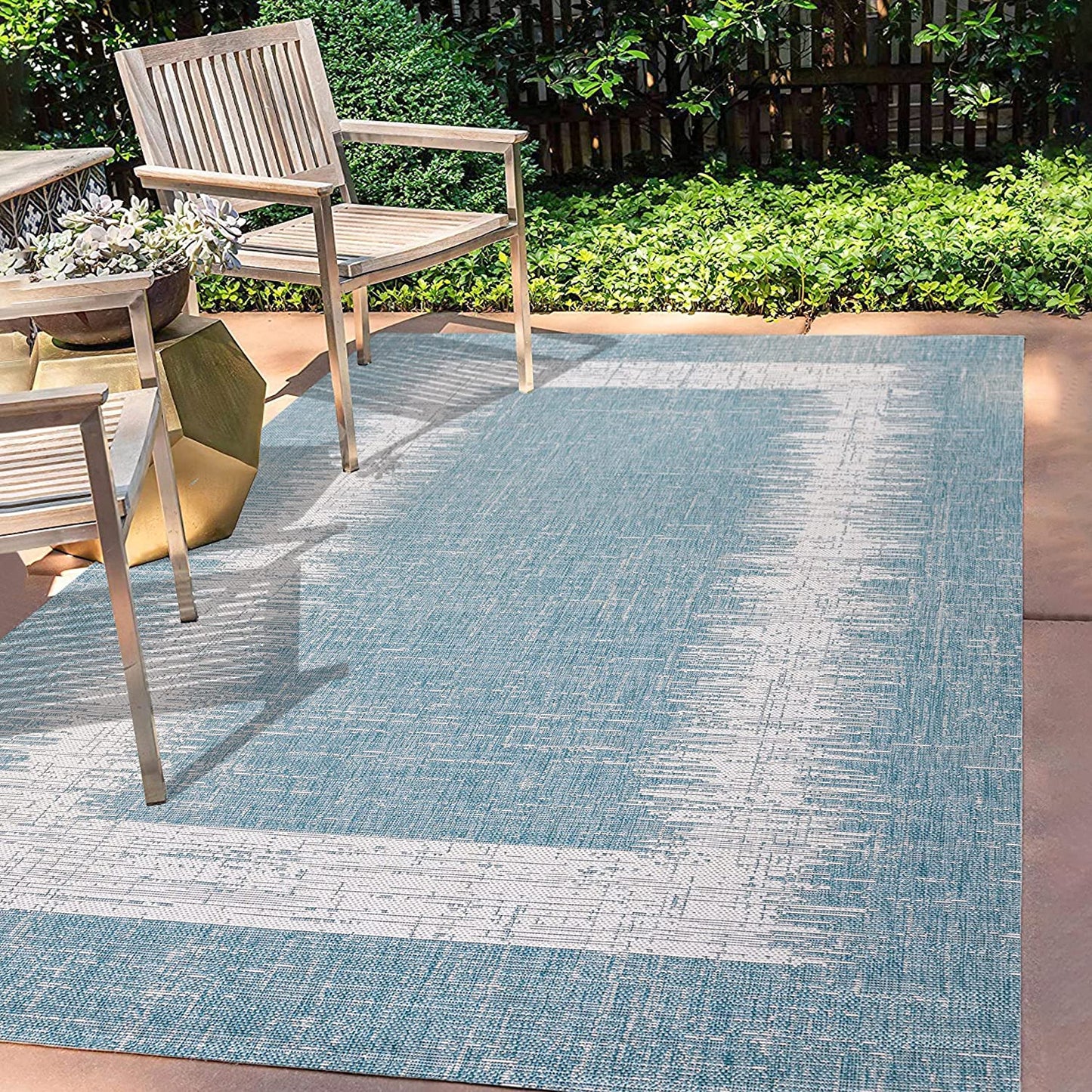 Scandi Minimalist Indoor/Outdoor Border Aqua/Ivory Soft Area Rug