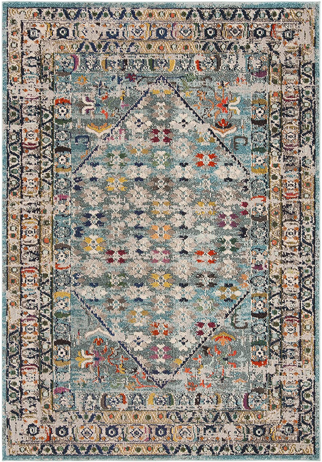 Monaco Collection  Boho Chic Oriental Distressed  Area Rug Blue / Light Grey